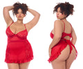 Mapale 7507x red babydoll nightgown with red lace trim sheer mesh panels and back tie shown from the back side