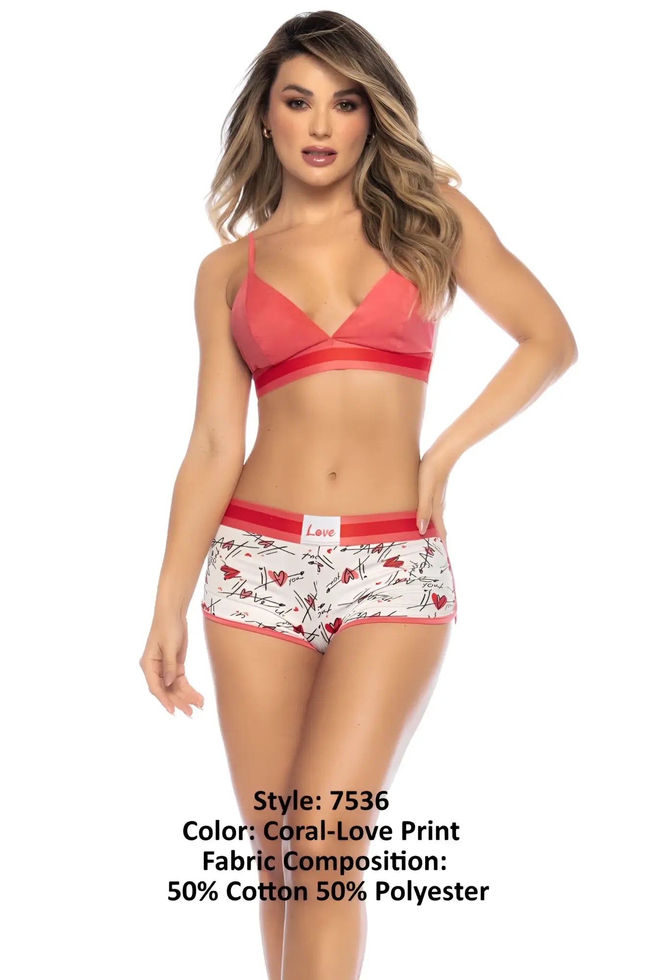 Coral-colored mapale 7536 two piece pajama set with white heart print made of 50 cotton 50 polyester