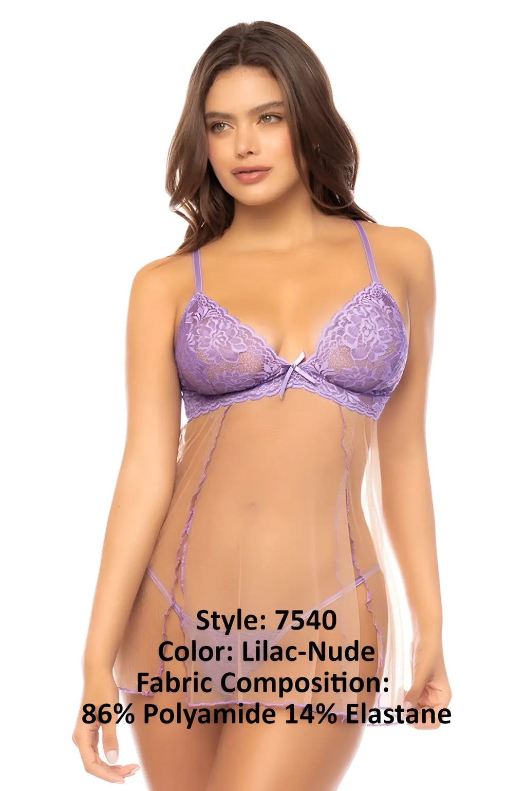 Lilac-nude lace lingerie set with delicate floral embroidery and sheer mesh panels by Mapale 7540 Verona babydoll