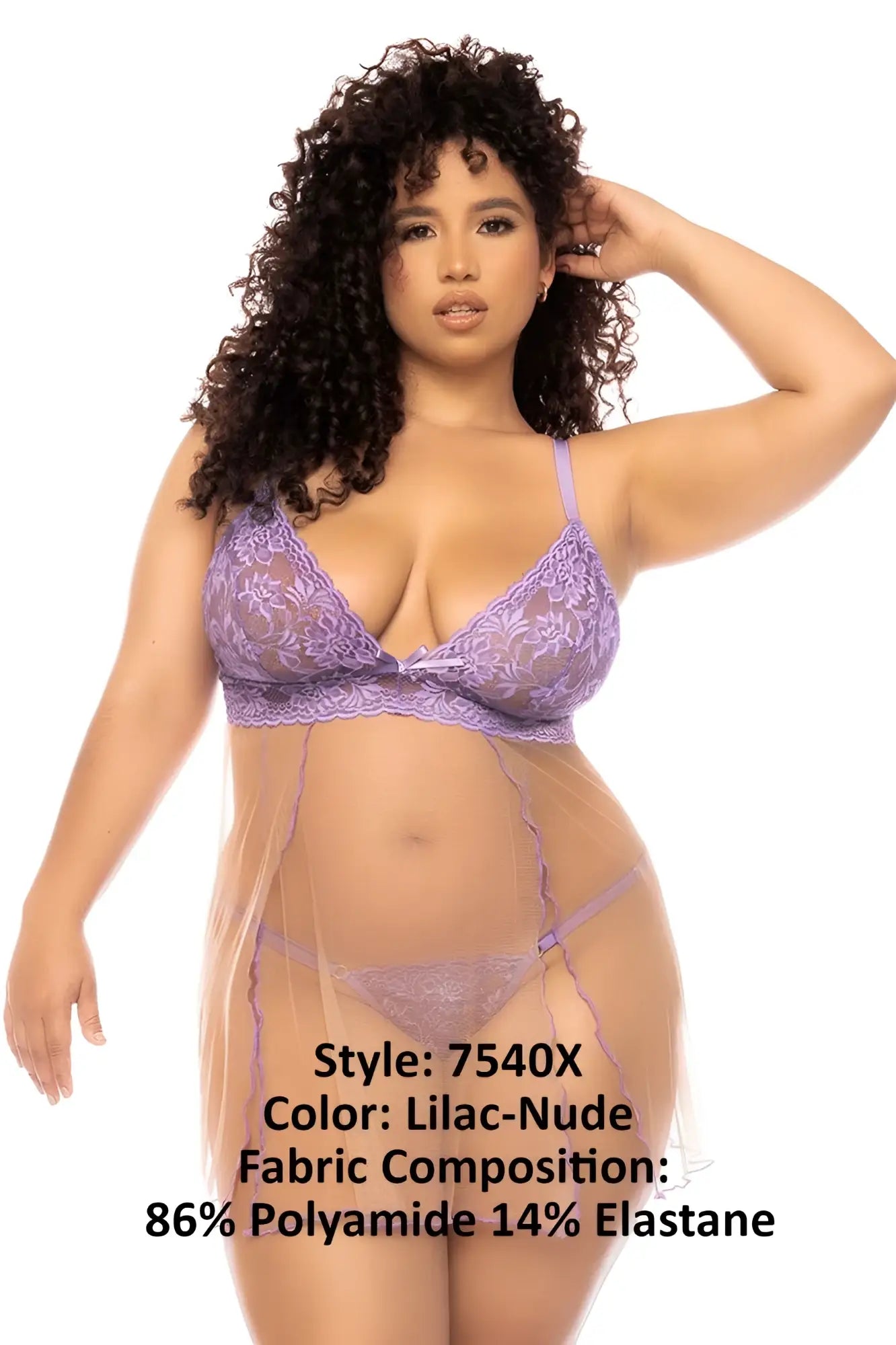 Mapale 7540X Verona babydoll lilac nude lace lingerie set with floral embroidery and sheer mesh overlay
