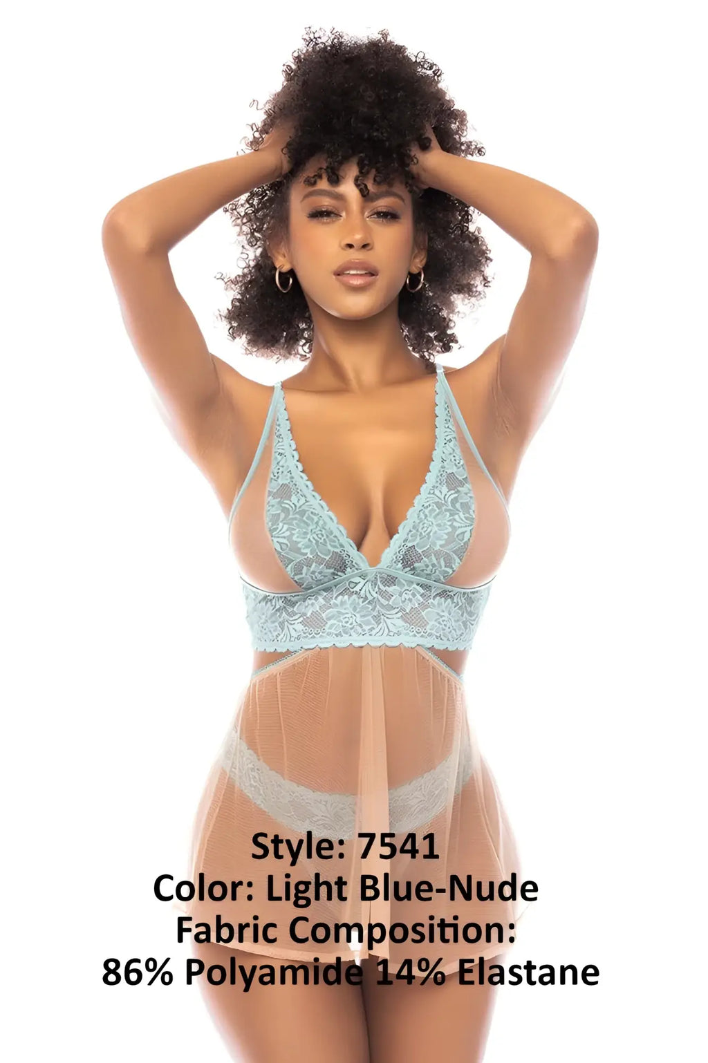 Light blue-nude Mapale 7541 Abilene 2 in 1 babydoll lace bodysuit with sheer mesh panels and floral embroidery