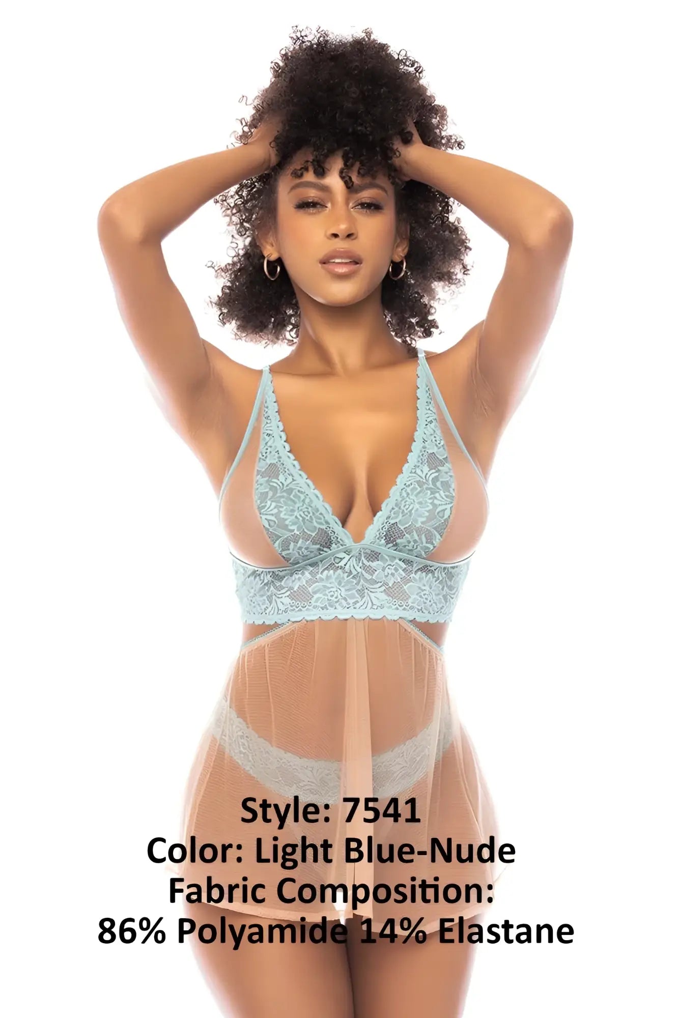 Light blue-nude Mapale 7541 Abilene 2 in 1 babydoll lace bodysuit with sheer mesh panels and floral embroidery