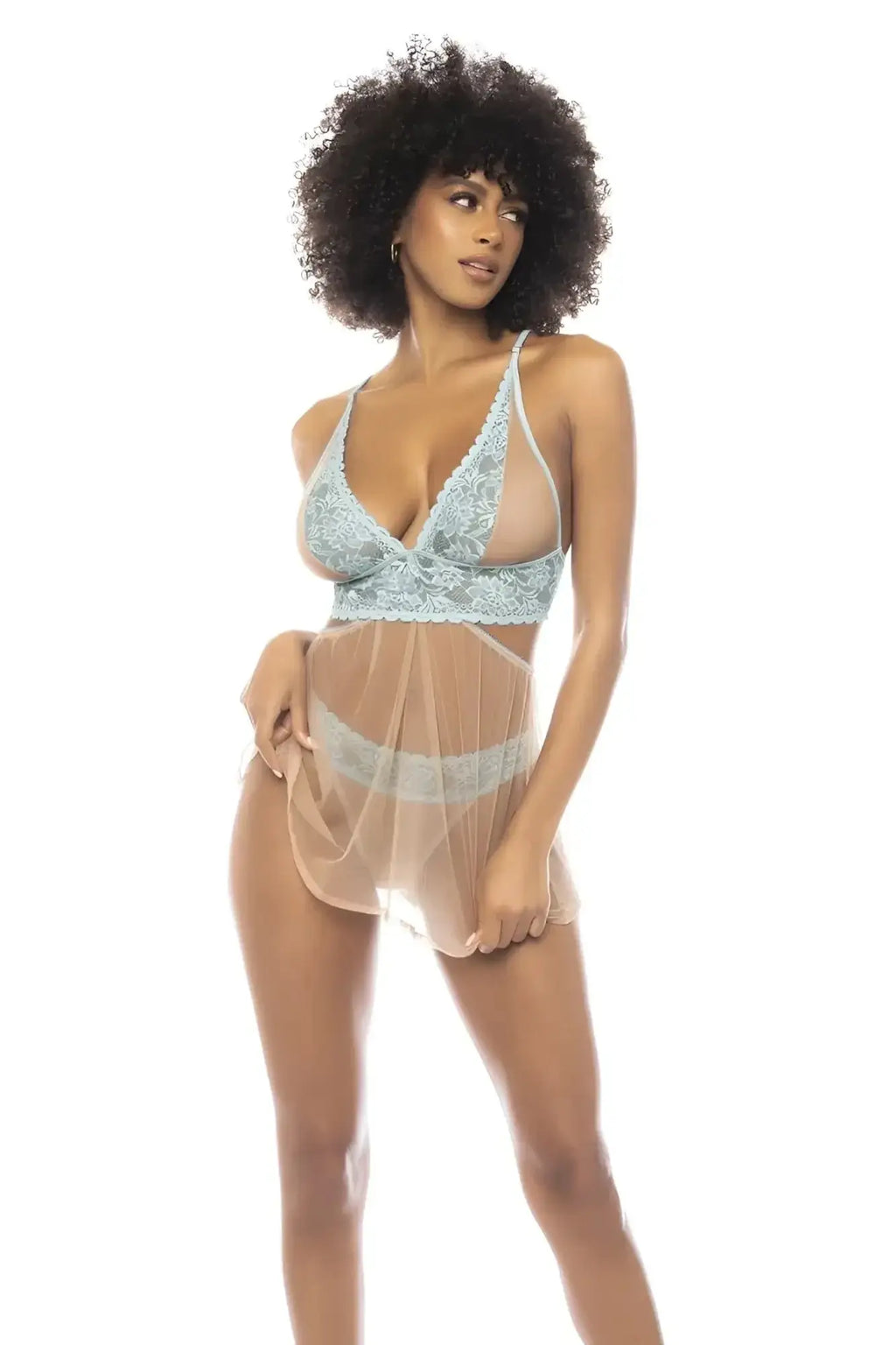A delicate light blue lace lingerie set with sheer mesh fabric and matching waistband from Mapale 7541 Abilene.