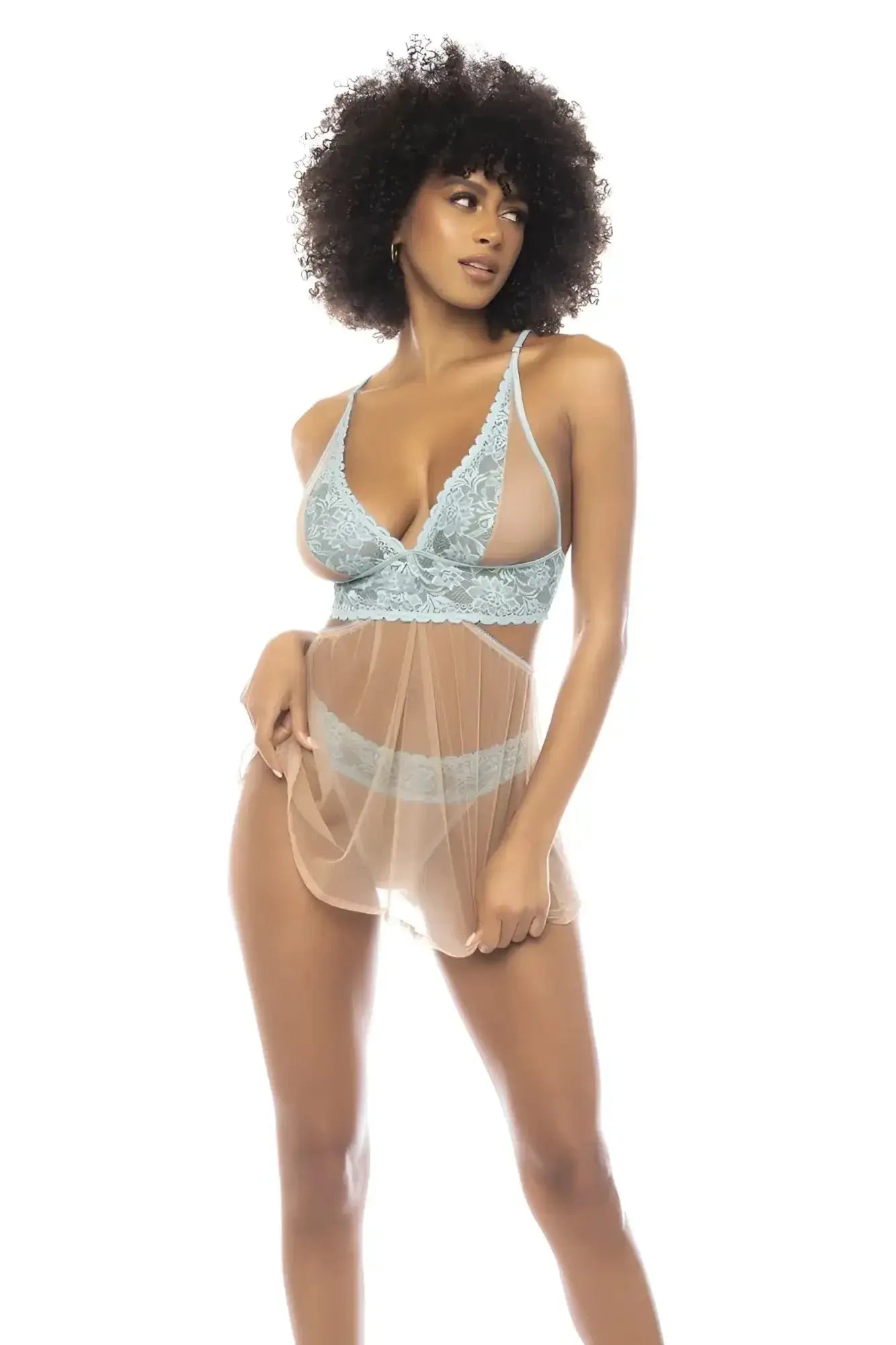 A delicate light blue lace lingerie set with sheer mesh fabric and matching waistband from Mapale 7541 Abilene.