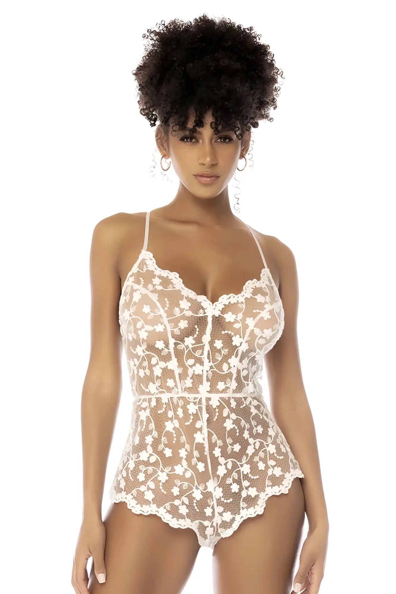 White floral lace bodysuit with delicate scalloped edges and thin spaghetti straps from mapale 7543 celina romper star white