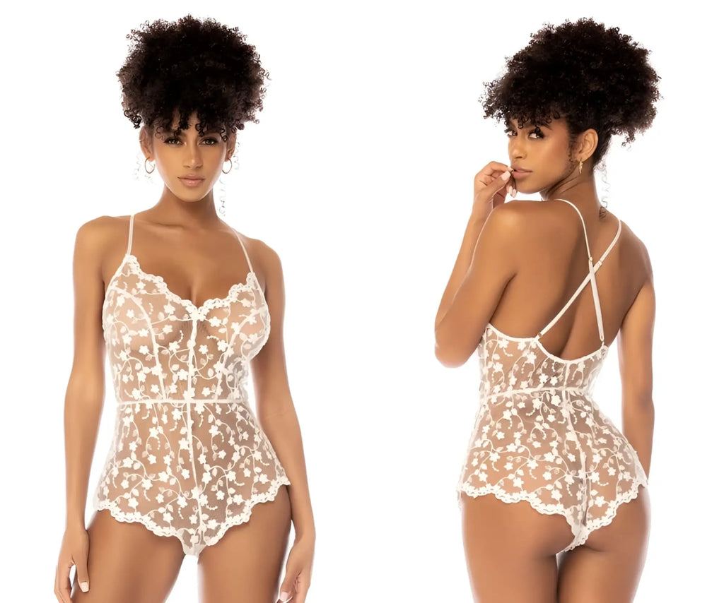 White floral lace bodysuit with delicate cross-back straps and scalloped hemline by Mapale in star white color