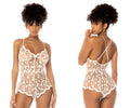 White floral lace bodysuit with delicate cross-back straps and scalloped hemline by Mapale in star white color