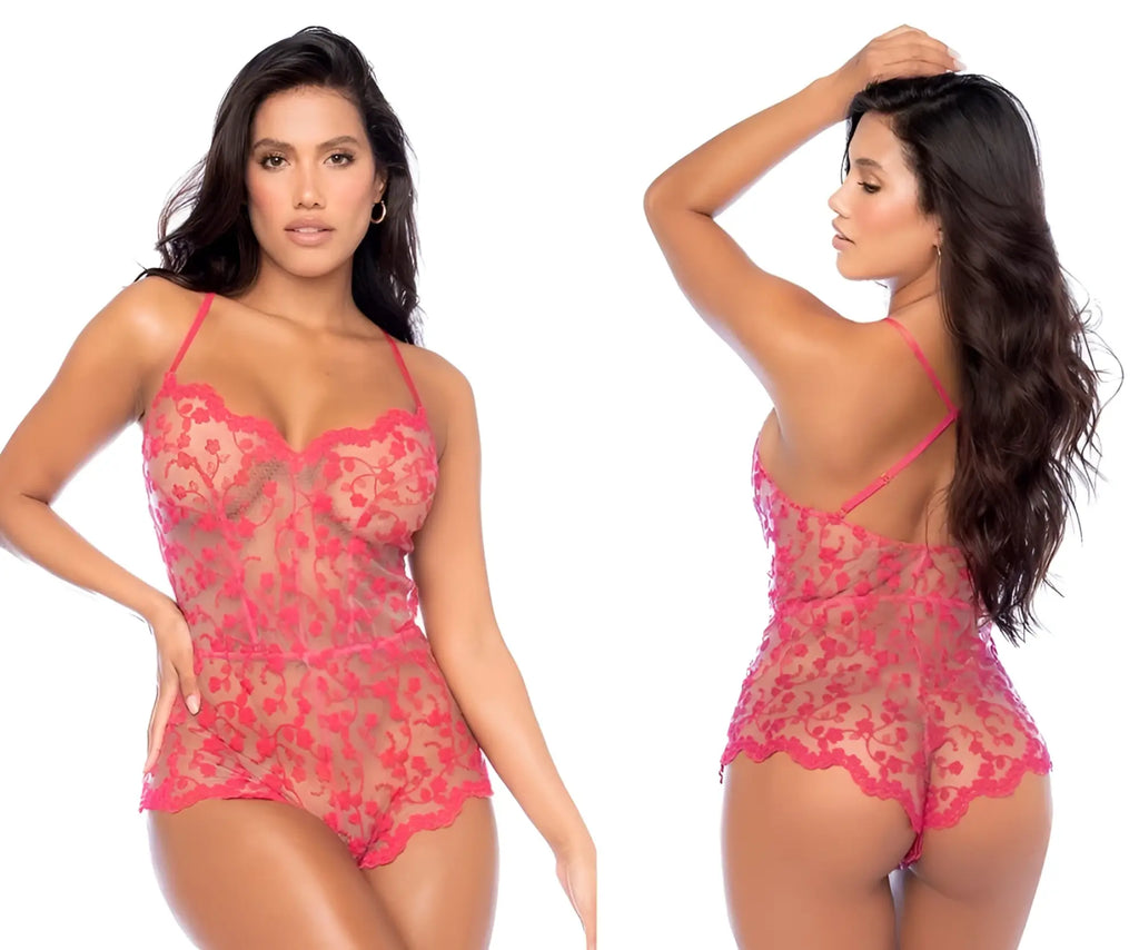 A vibrant pink lace Mapale 7543 romper-babydoll with delicate floral patterns and thin spaghetti straps color cherry