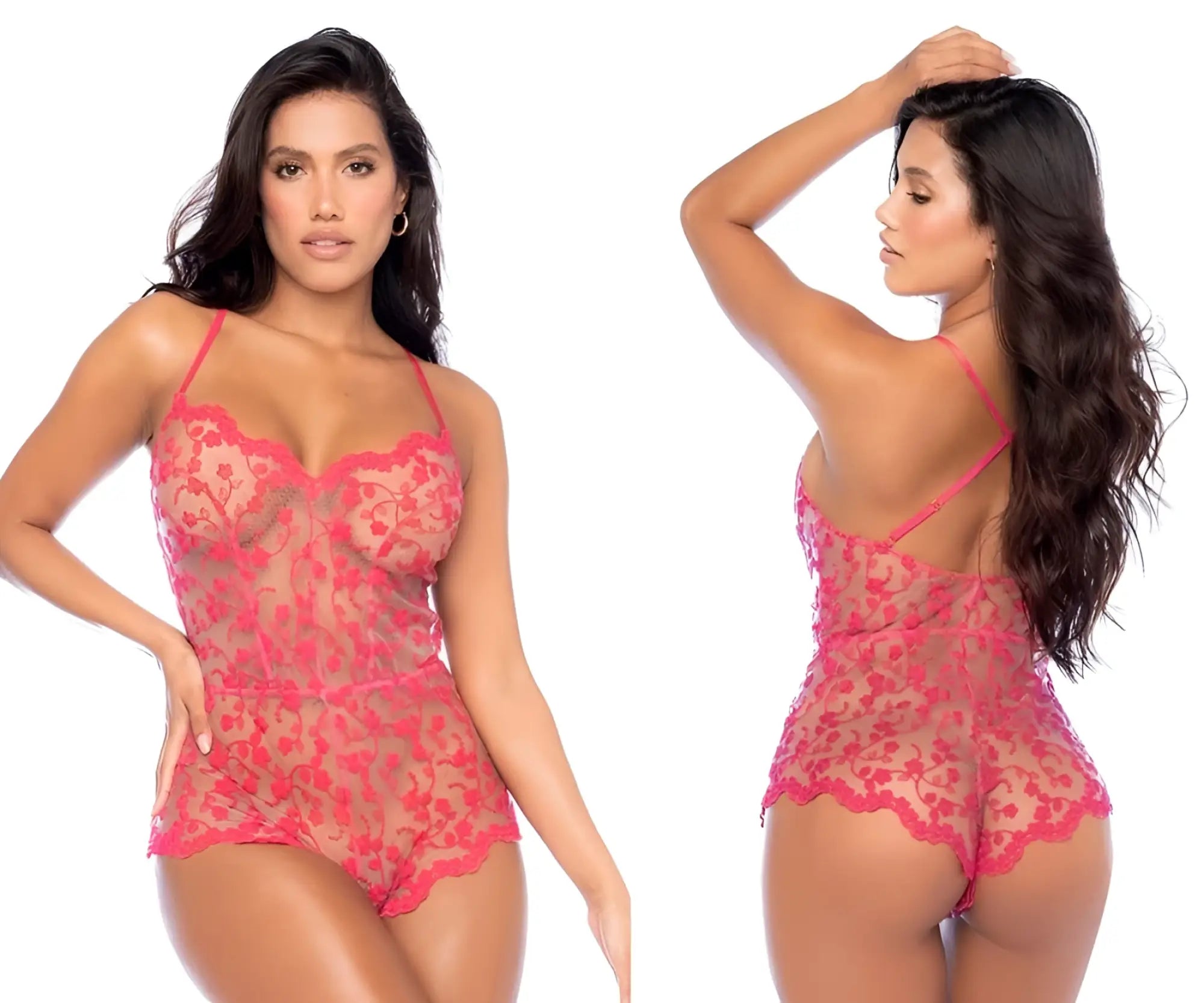 A vibrant pink lace Mapale 7543 romper-babydoll with delicate floral patterns and thin spaghetti straps color cherry