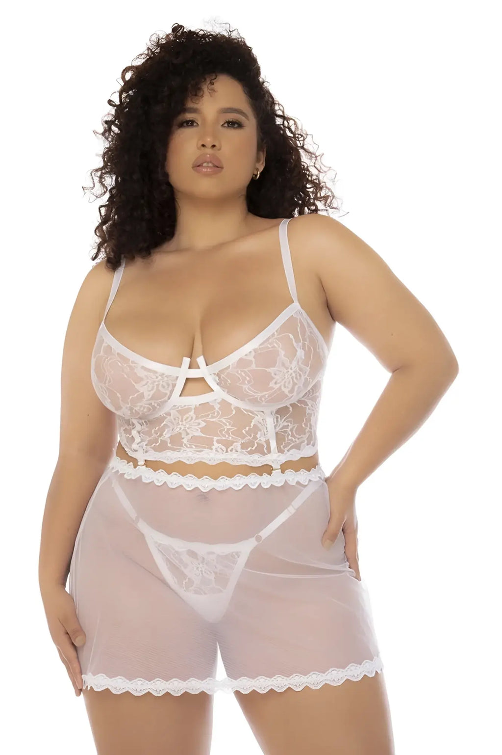 White lace lingerie set with sheer mesh and scalloped edges mapale 7544x hope 2 in 1 babydoll in white