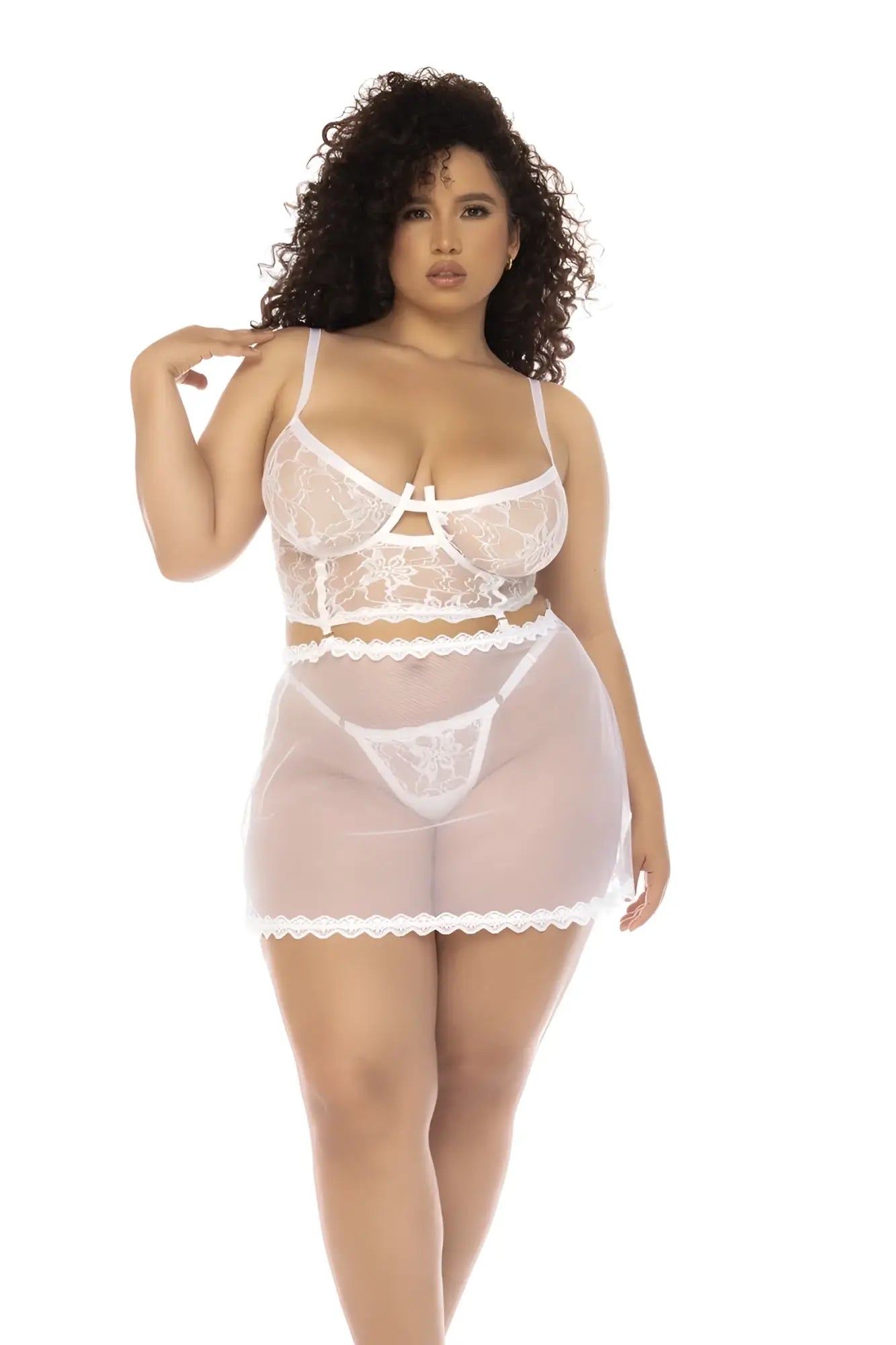 White lace lingerie set with sheer mesh overlay and scalloped hemline from Mapale 7544X Hope 2 in 1 babydoll white