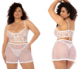 White lace lingerie set with sheer mesh shorts and corset top featuring delicate floral patterns in mapale 7544x hope white