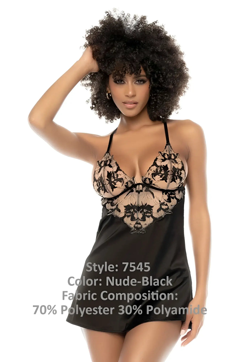 Mapale 7545 laurel babydoll nude-black lace and satin nightgown with floral embroidery shown from the back side