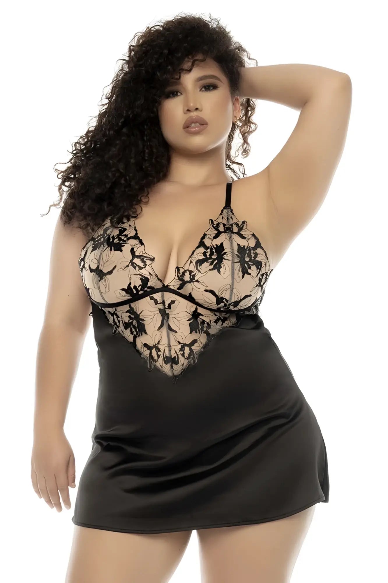 Mapale 7545x laurel babydoll plus nude-black nightgown in black lace and satin with floral embroidery