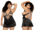 Mapale 7545X laurel babydoll plus in nude-black satin and black lace with floral embroidery nightgown front view