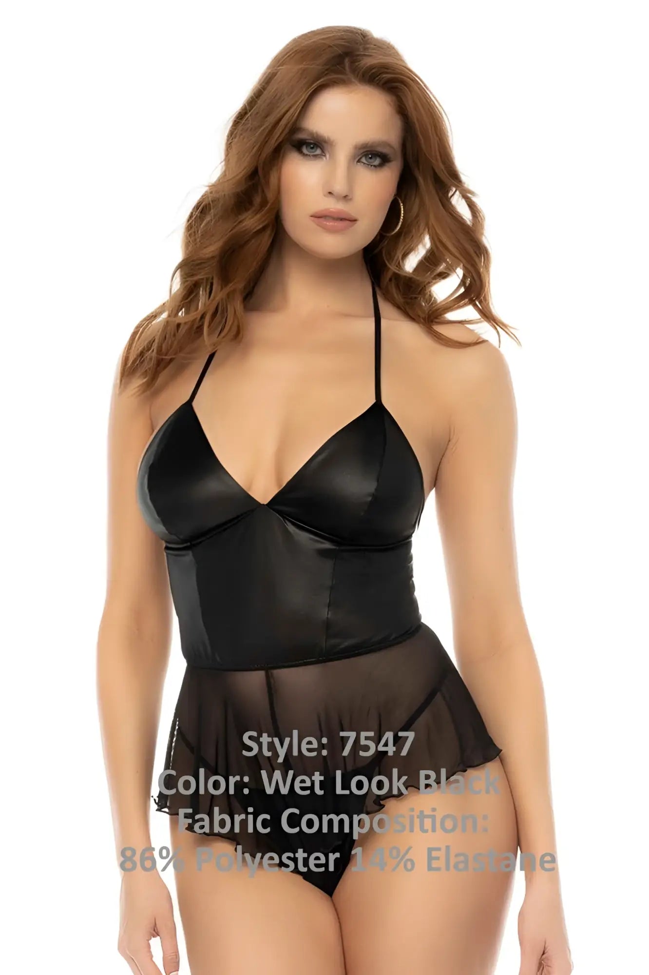 Mapale 7547 Pearl babydoll black wet look halter top with sheer mesh skirt overlay for a sexy nightwear look
