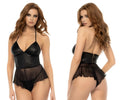 Black satin bodysuit with sheer ruffled overlay and back zipper detail from mapale 7547 pearl babydoll color wet look black