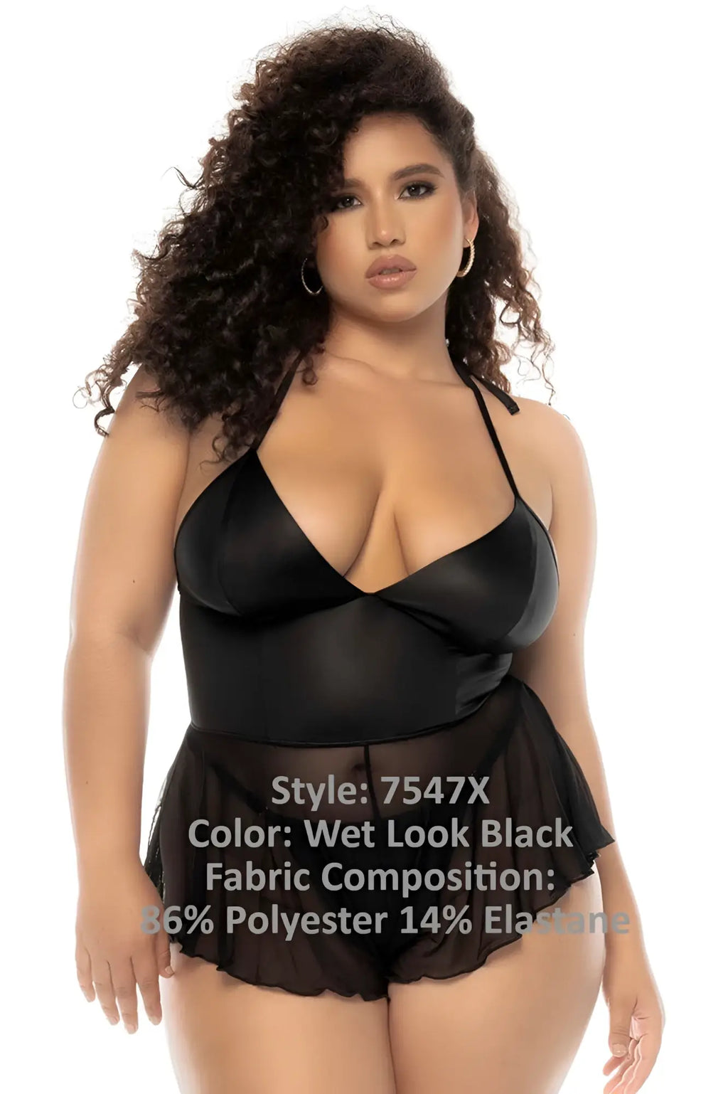 Black wet look one-piece swimsuit with sheer ruffled skirt and halter neckline from mapale 7547x pearl babydoll plus color