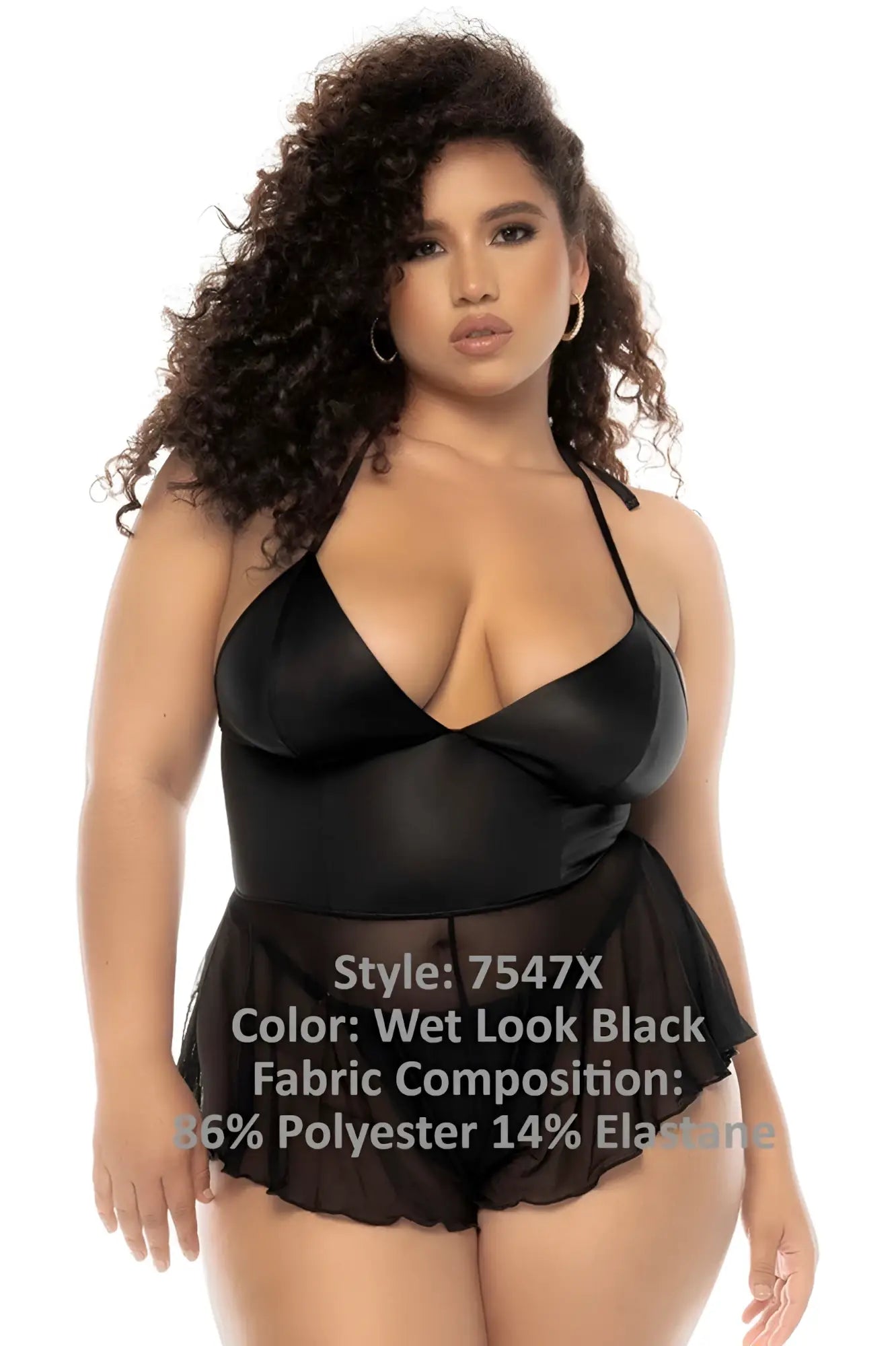 Black wet look one-piece swimsuit with sheer ruffled skirt and halter neckline from mapale 7547x pearl babydoll plus color