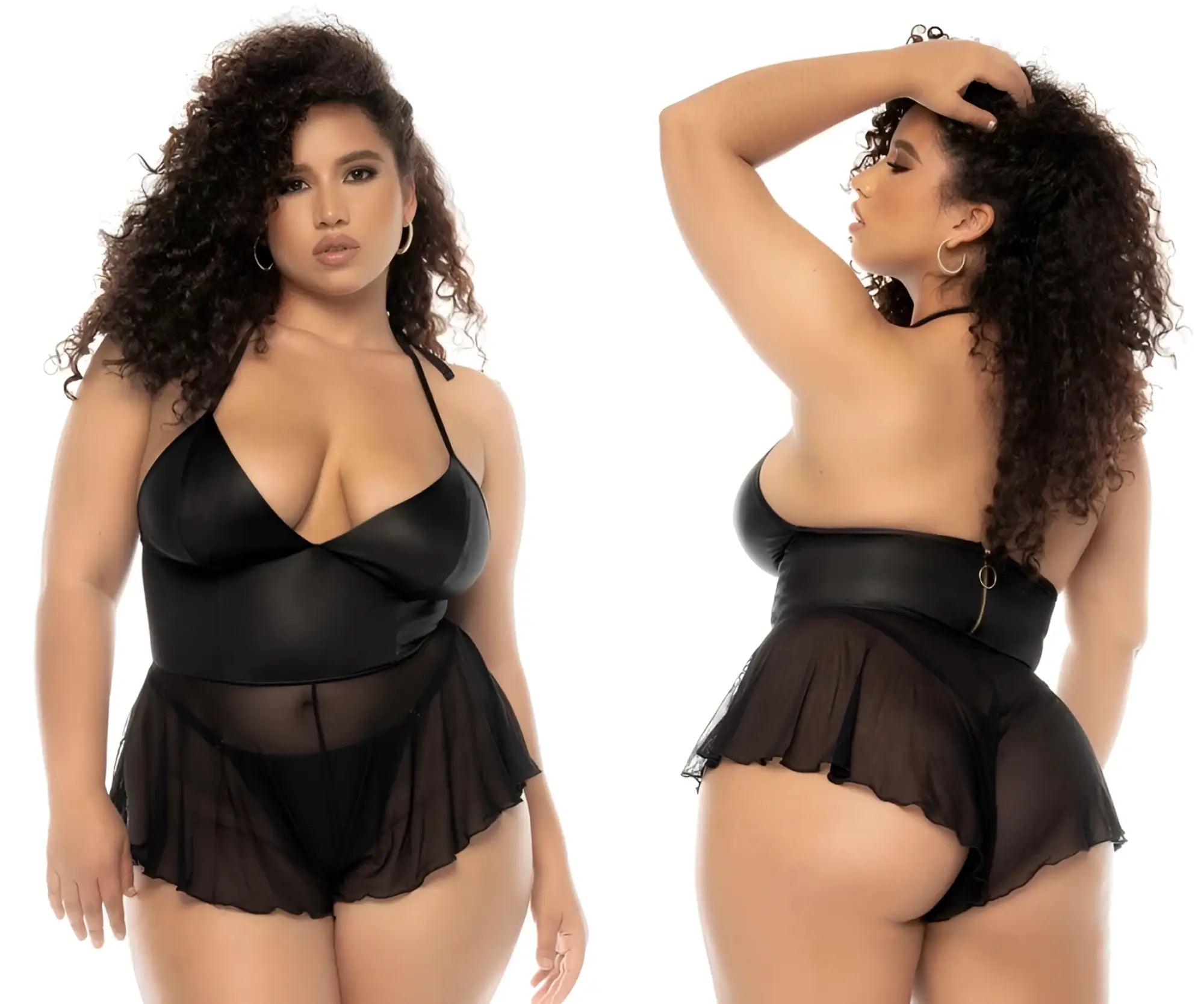 Black satin bodysuit with sheer ruffled skirt and back zipper detail mapale 7547x pearl babydoll plus color wet look black back view
