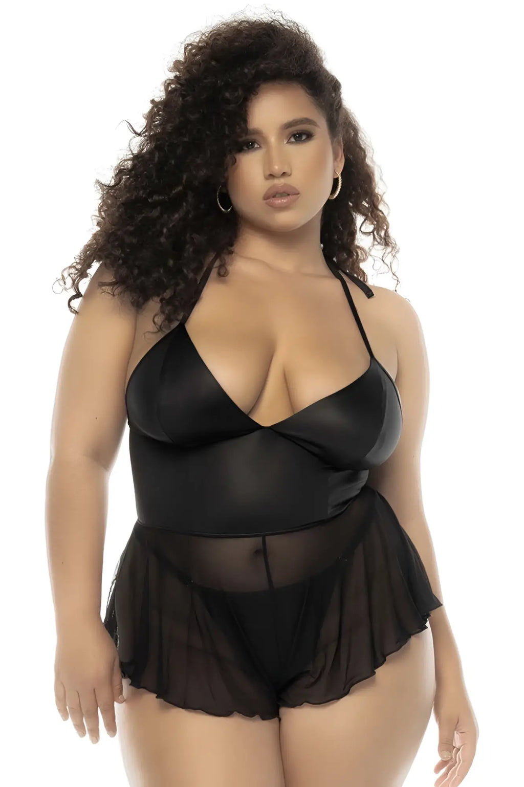 Mapale 7547X pearl babydoll plus color wet look black satin halter top with sheer mesh overlay and ruffled skirt detail