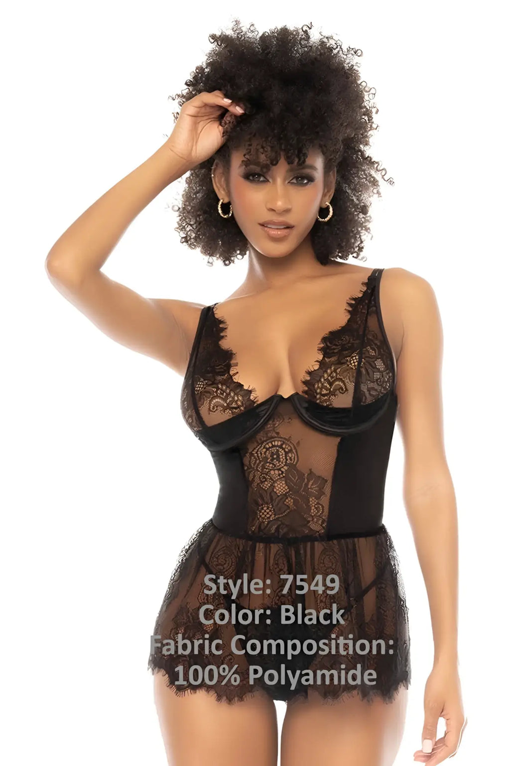 Black lace bodysuit with sheer mesh panels and flared skirt from mapale 7549 raven babydoll in black color