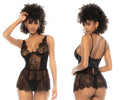 Black lace bodysuit with sheer panels and corset style back shown from the back by Mapale 7549 Raven Babydoll in black