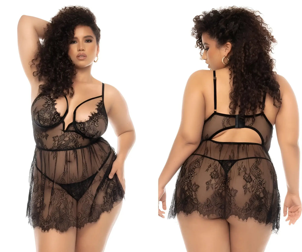 Mapale 7550x selma babydoll plus black lace lingerie set with intricate floral patterns and sheer mesh panels