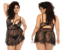 Mapale 7550x selma babydoll plus black lace lingerie set with intricate floral patterns and sheer mesh panels