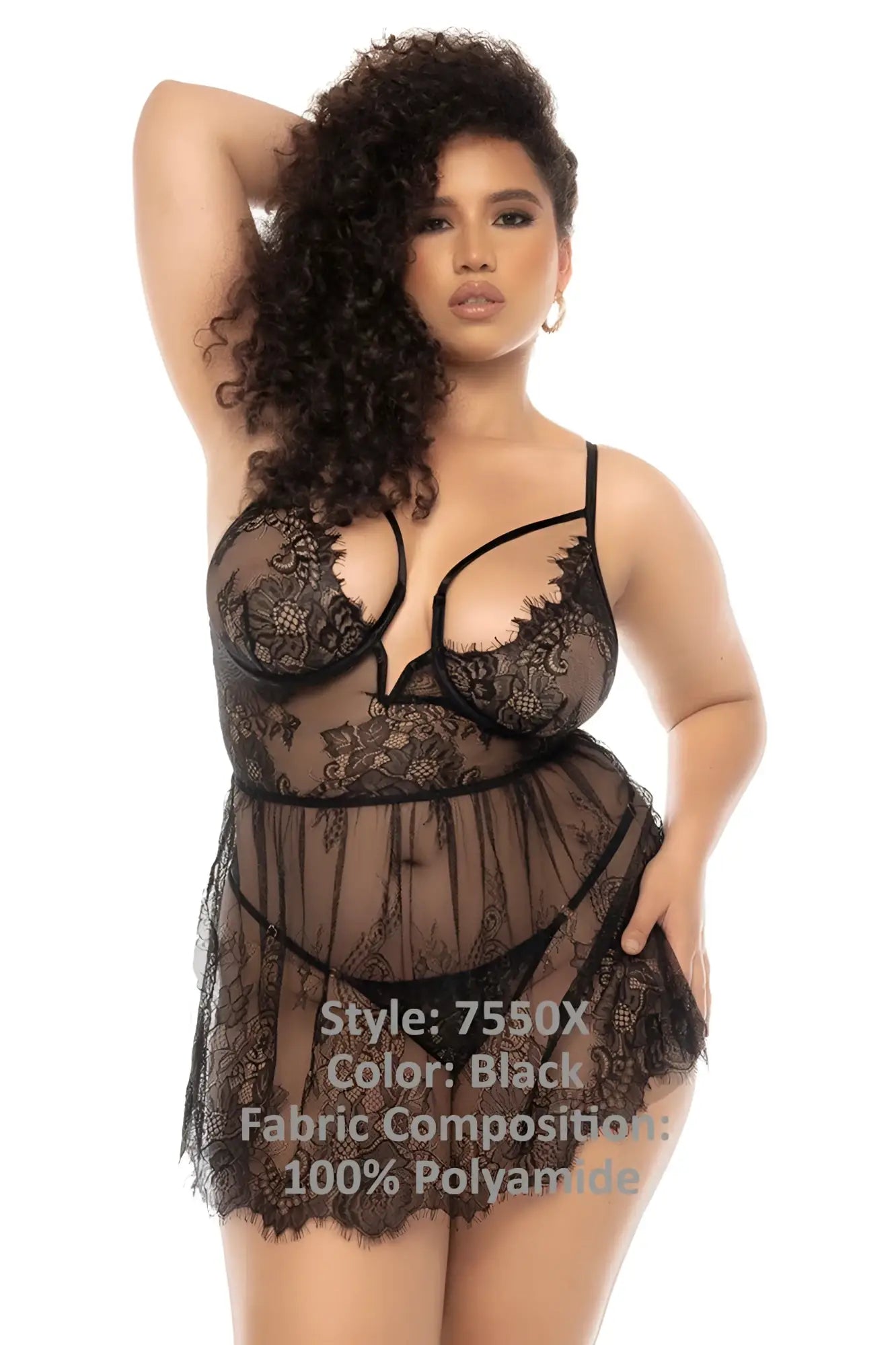 Mapale 7550X Selma babydoll lingerie set in black with intricate floral lace and a sheer flowing skirt