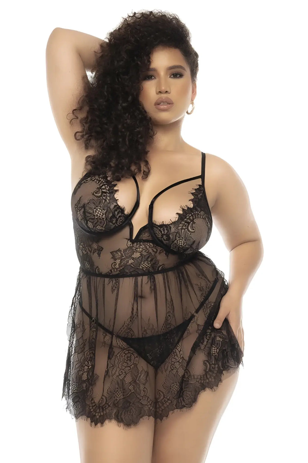 Mapale 7550X Selma babydoll plus black lace lingerie set with intricate floral patterns and sheer mesh panels