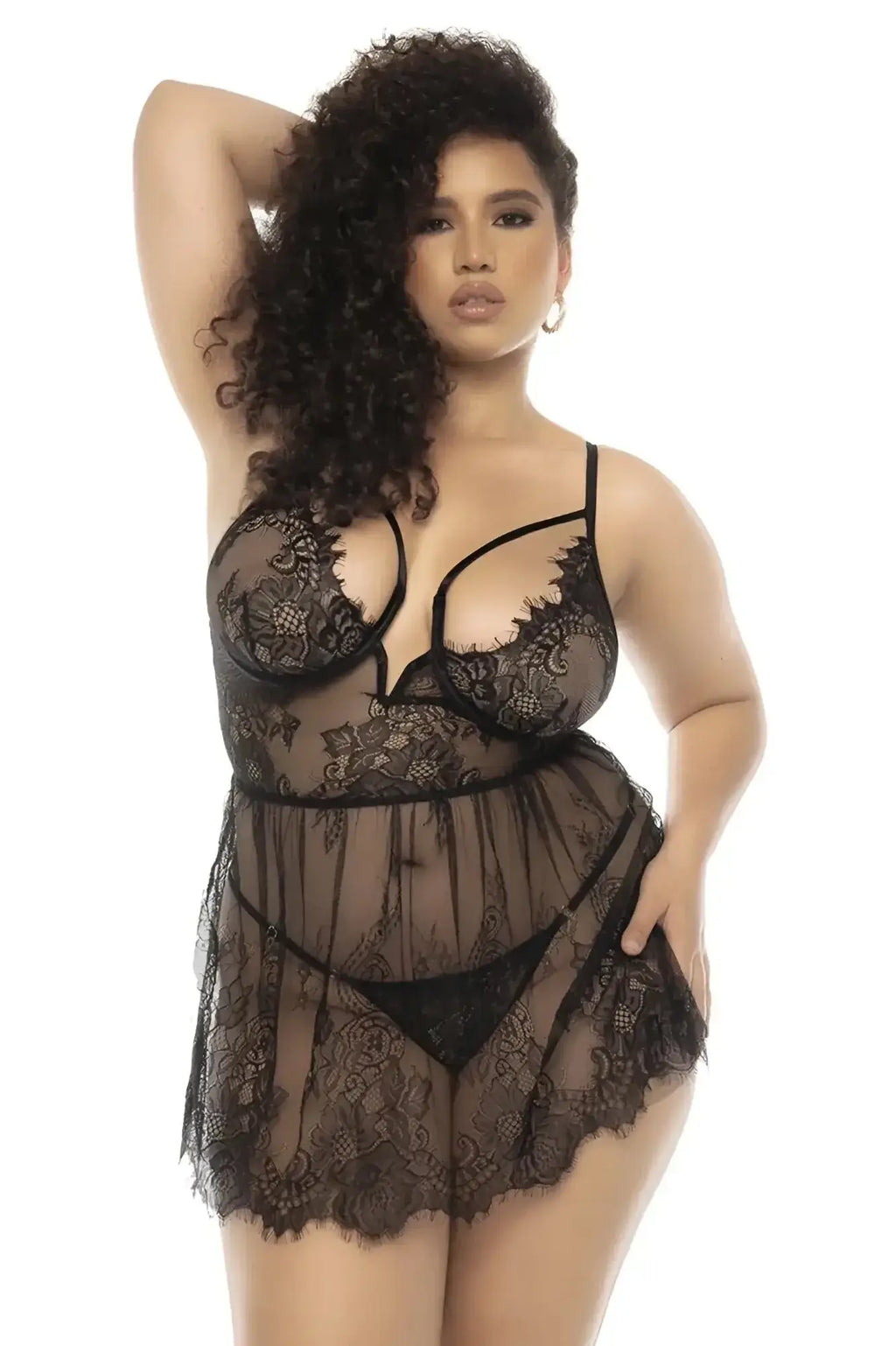 Black lace lingerie set by mapale 7550x selma babydoll plus features intricate floral patterns and sheer mesh panels