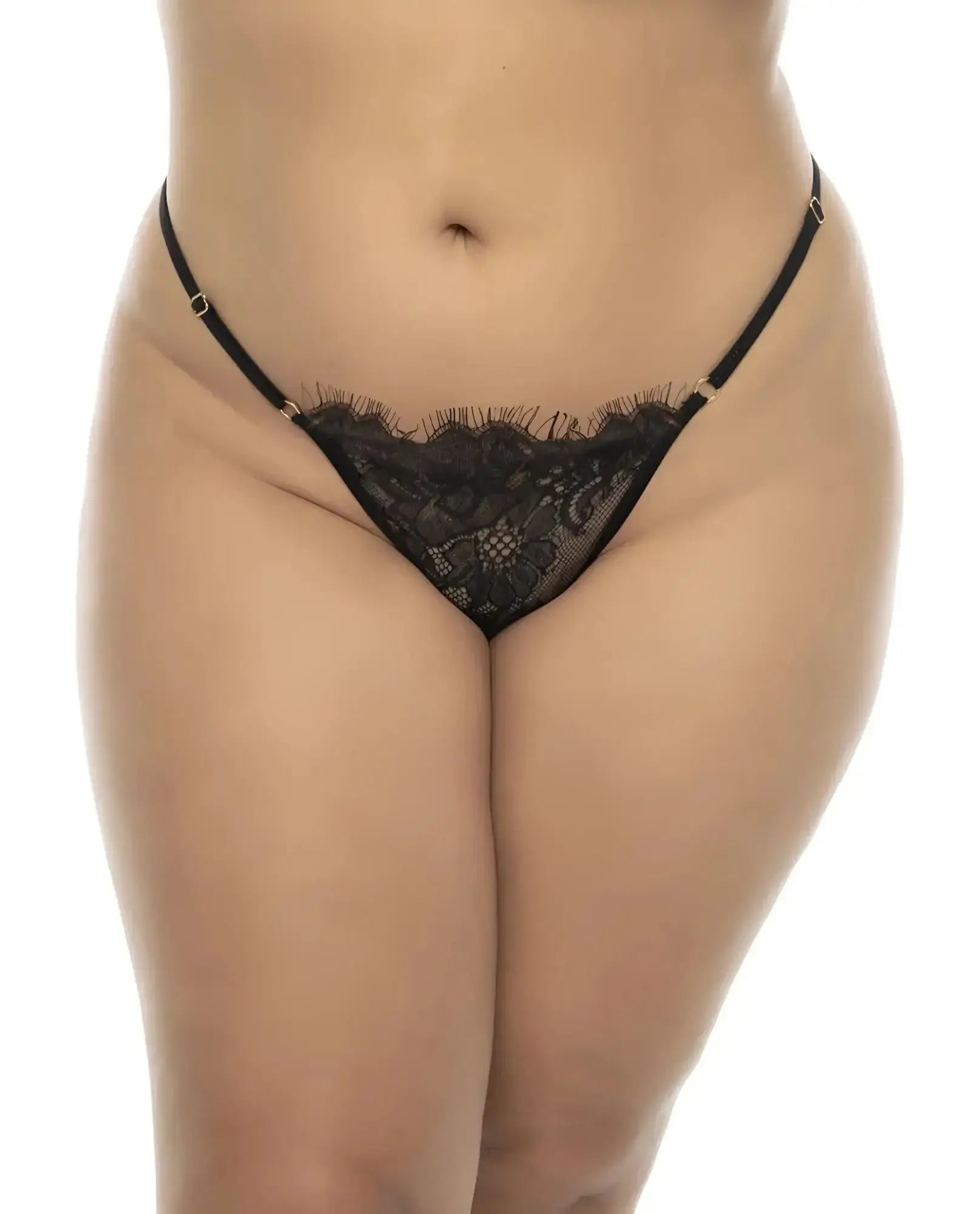 Black lace thong with delicate floral patterns and thin straps from mapale 7550x selma babydoll plus in black