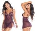 Mapale 7552 babydoll in sheer mulberry lace chemise with thin straps and back cutout shown from the back side