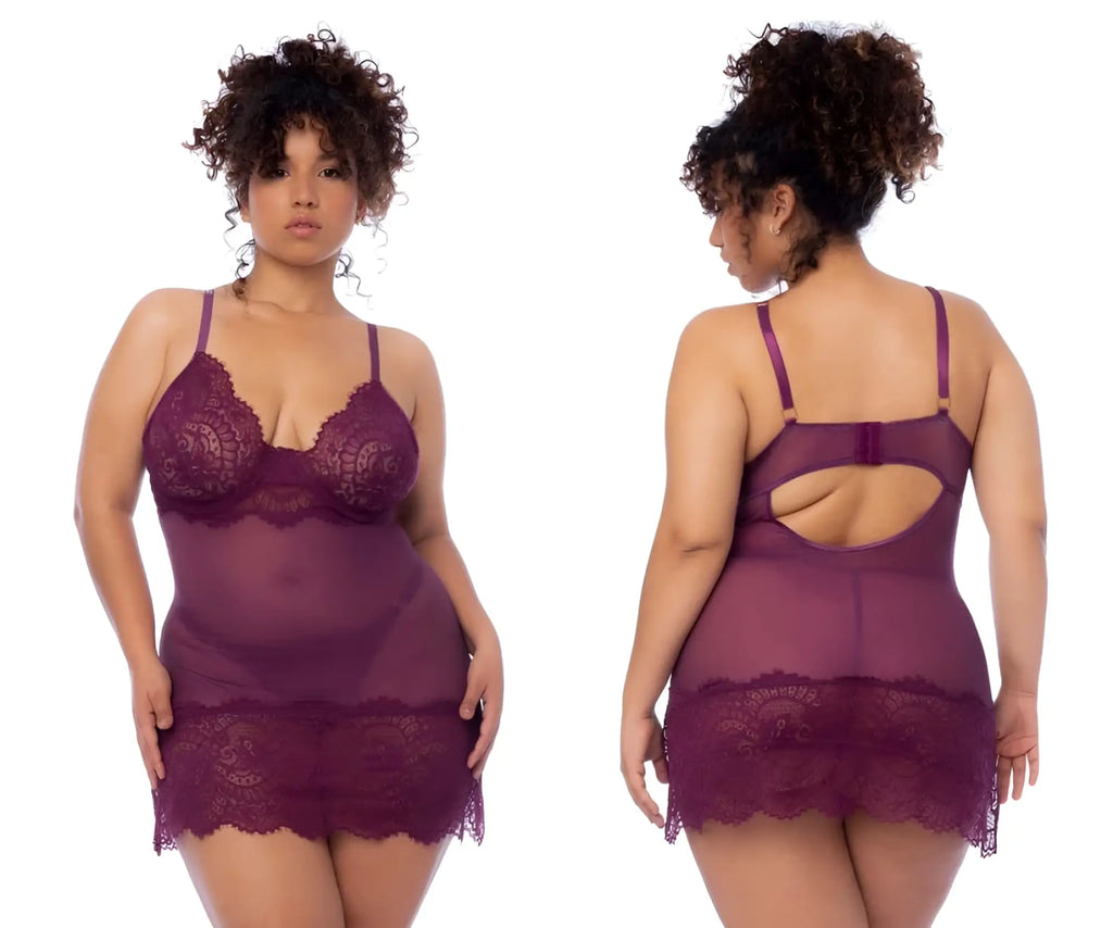 Purple lace lingerie set with sheer mesh panels and back cutout design by mapale model 7554x color wine back view
