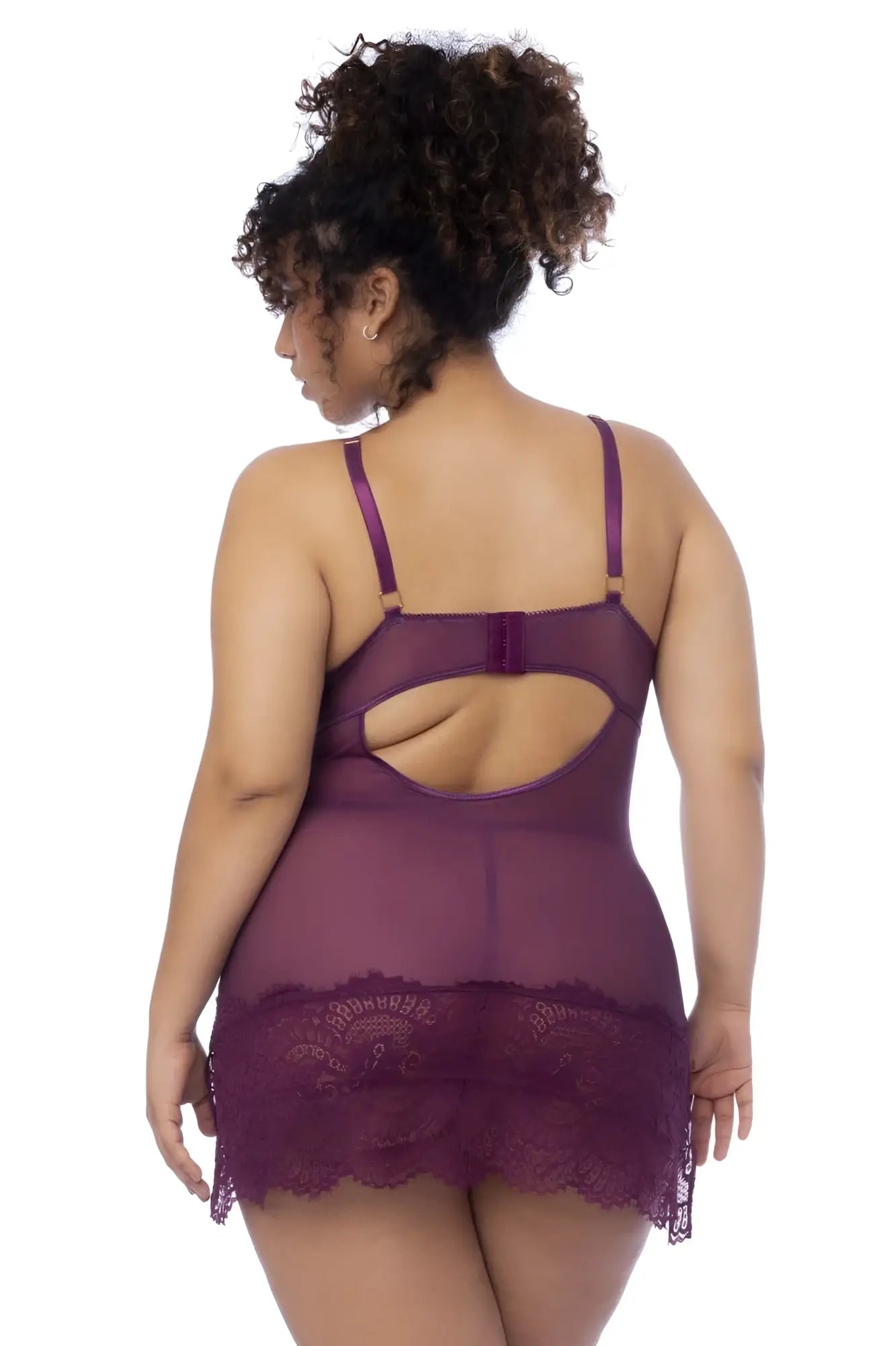 Purple lace trimmed sheer nightgown with thin straps and back cutout in wine color by mapale shown from the back