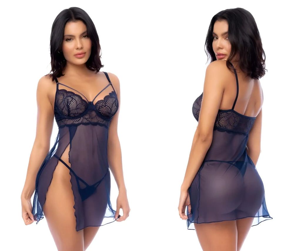 Navy blue sheer lace chemise with delicate floral patterns and thin spaghetti straps from Mapale 7555 babydoll midnight blue