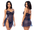 Navy blue sheer lace chemise with delicate floral patterns and thin spaghetti straps from Mapale 7555 babydoll midnight blue