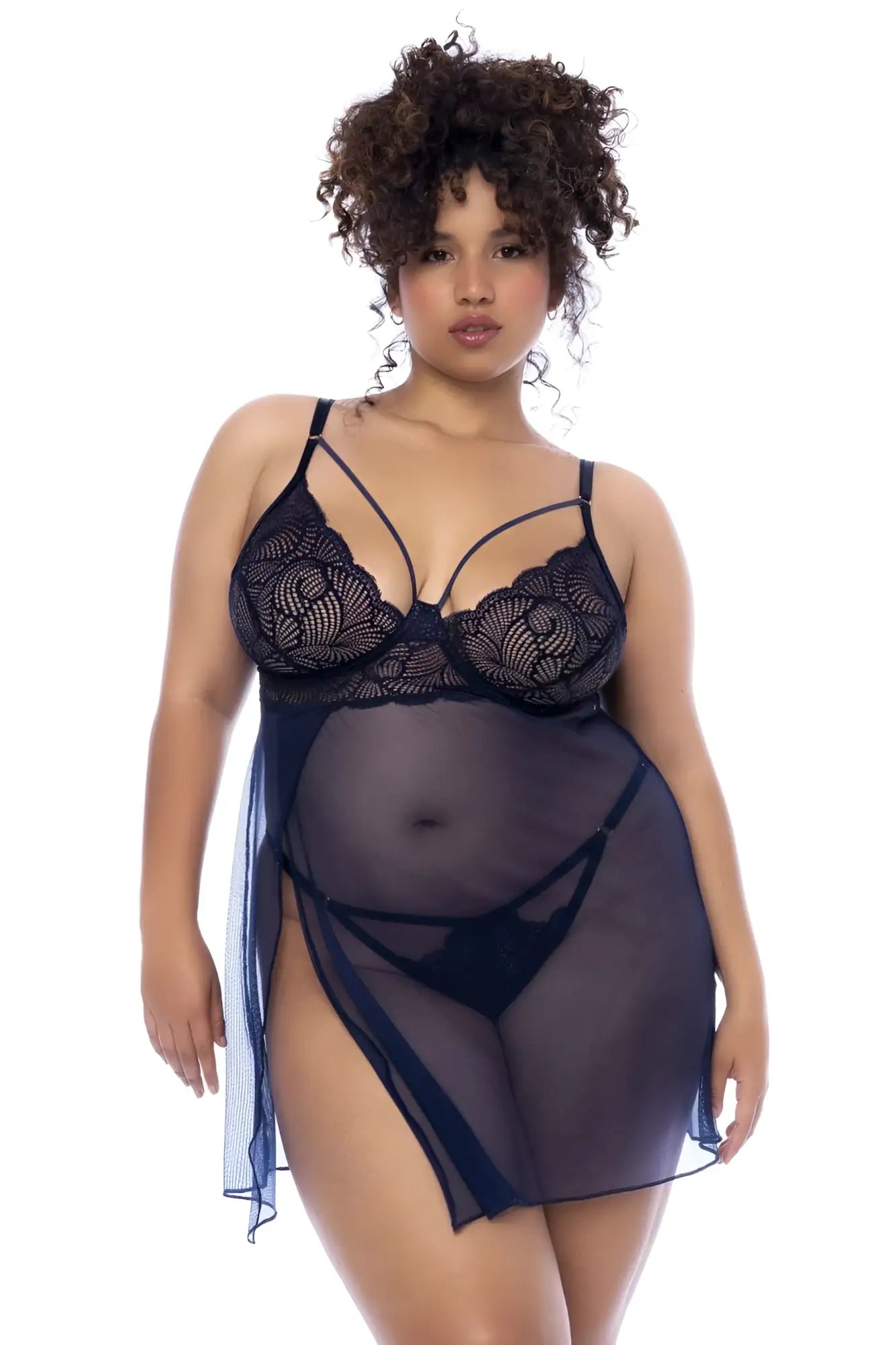 Black lace bra with sheer navy blue mesh overlay and side slit from mapale 7555x babydoll in midnight blue