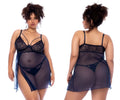 Mapale 7555x babydoll lingerie set in midnight blue with black lace sheer mesh and side slits front view