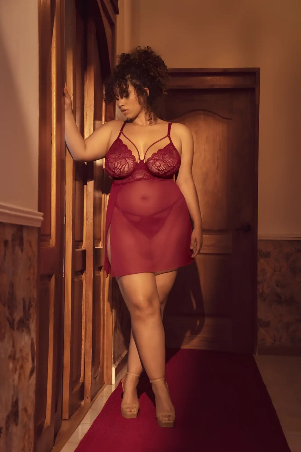 Mapale 7555x babydoll in rosewood burgundy lace with sheer overlay and side slit lingerie set for intimate wear
