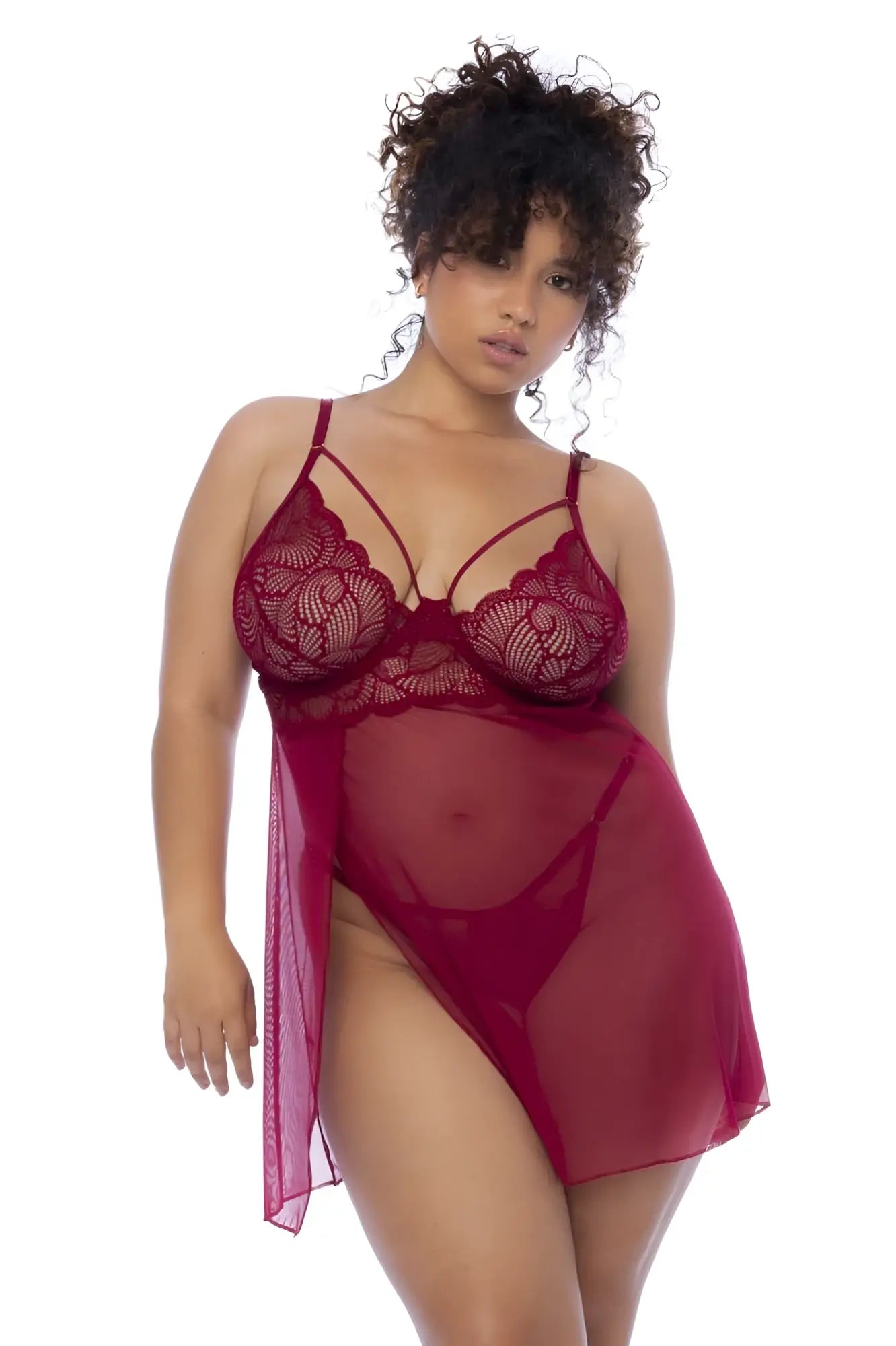 Mapale 7555X babydoll in deep red lace with sheer mesh overlay and delicate floral patterns in rosewood color