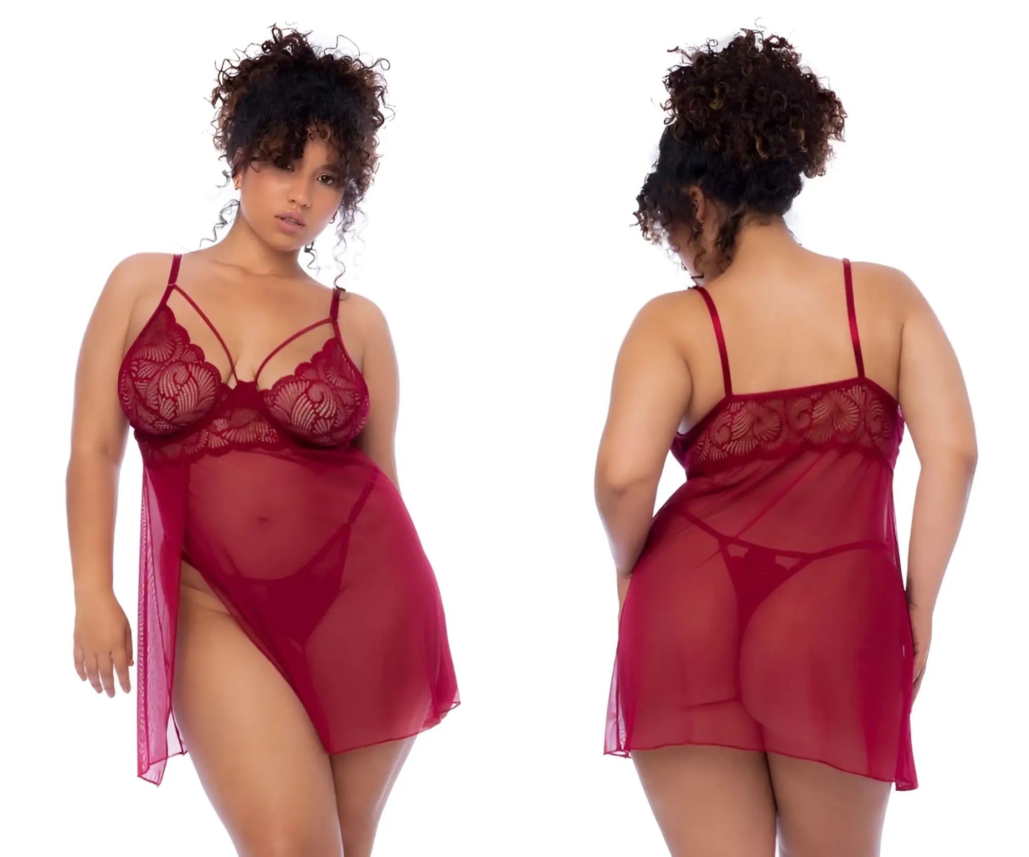A plus-size woman models a sheer deep red lace chemise with floral patterns and thin straps from mapale 7555x babydoll rosewood