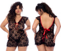 Mapale 7556x black babydoll lingerie set in black lace with red ribbon ties at neckline and back shown from the back