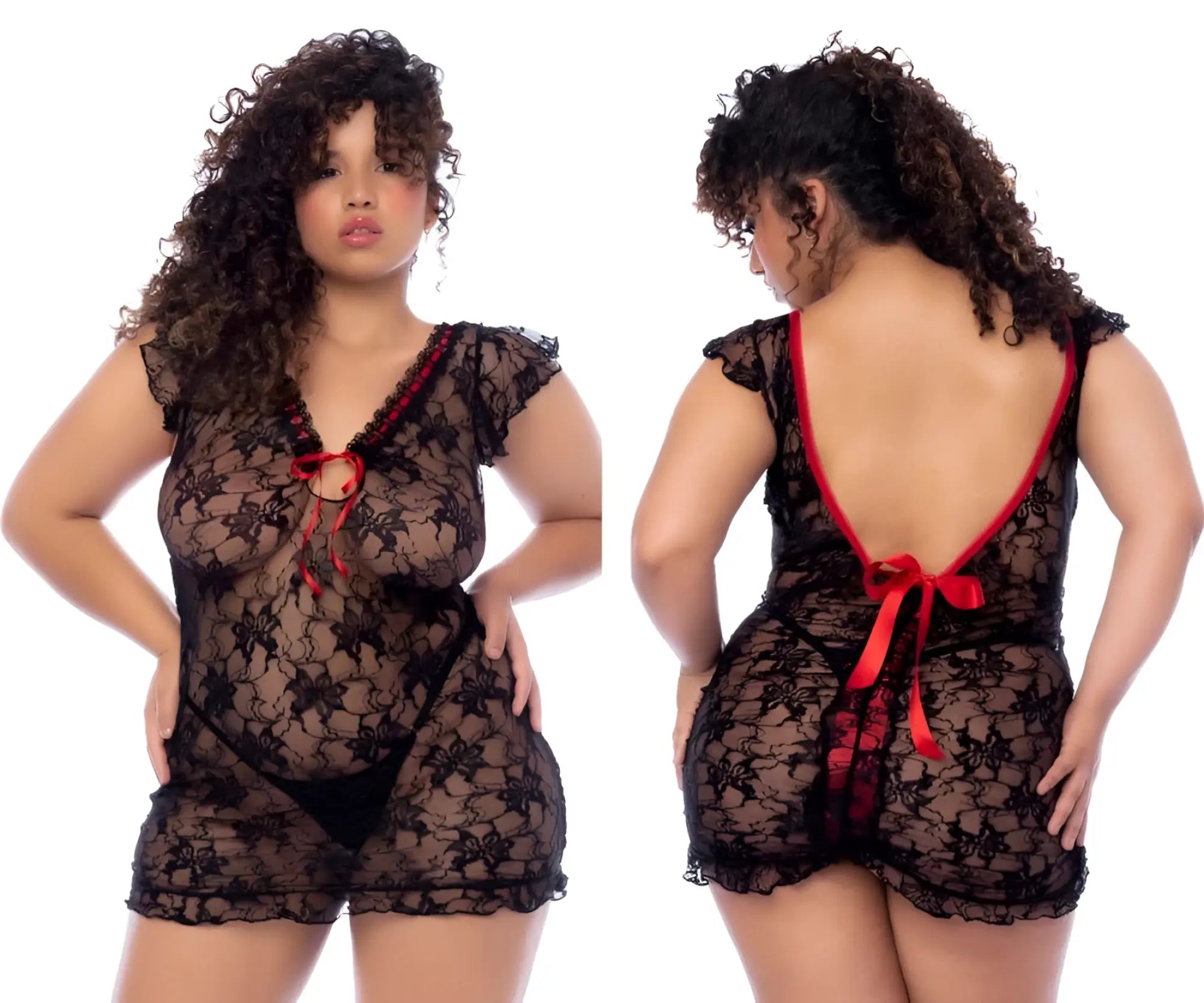 Mapale 7556x black babydoll lingerie set in black lace with red ribbon ties at neckline and back shown from the back
