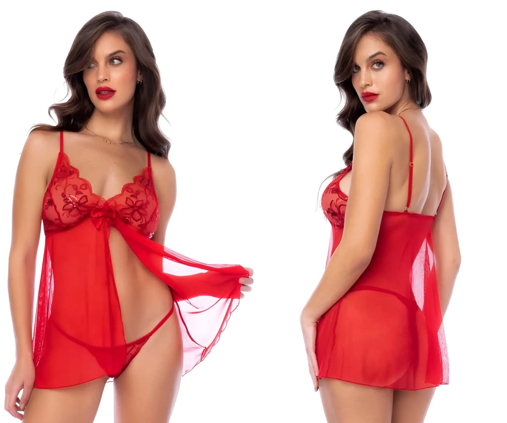 Red lace Mapale 7559 babydoll lingerie set with sheer mesh overlay and central bow detail