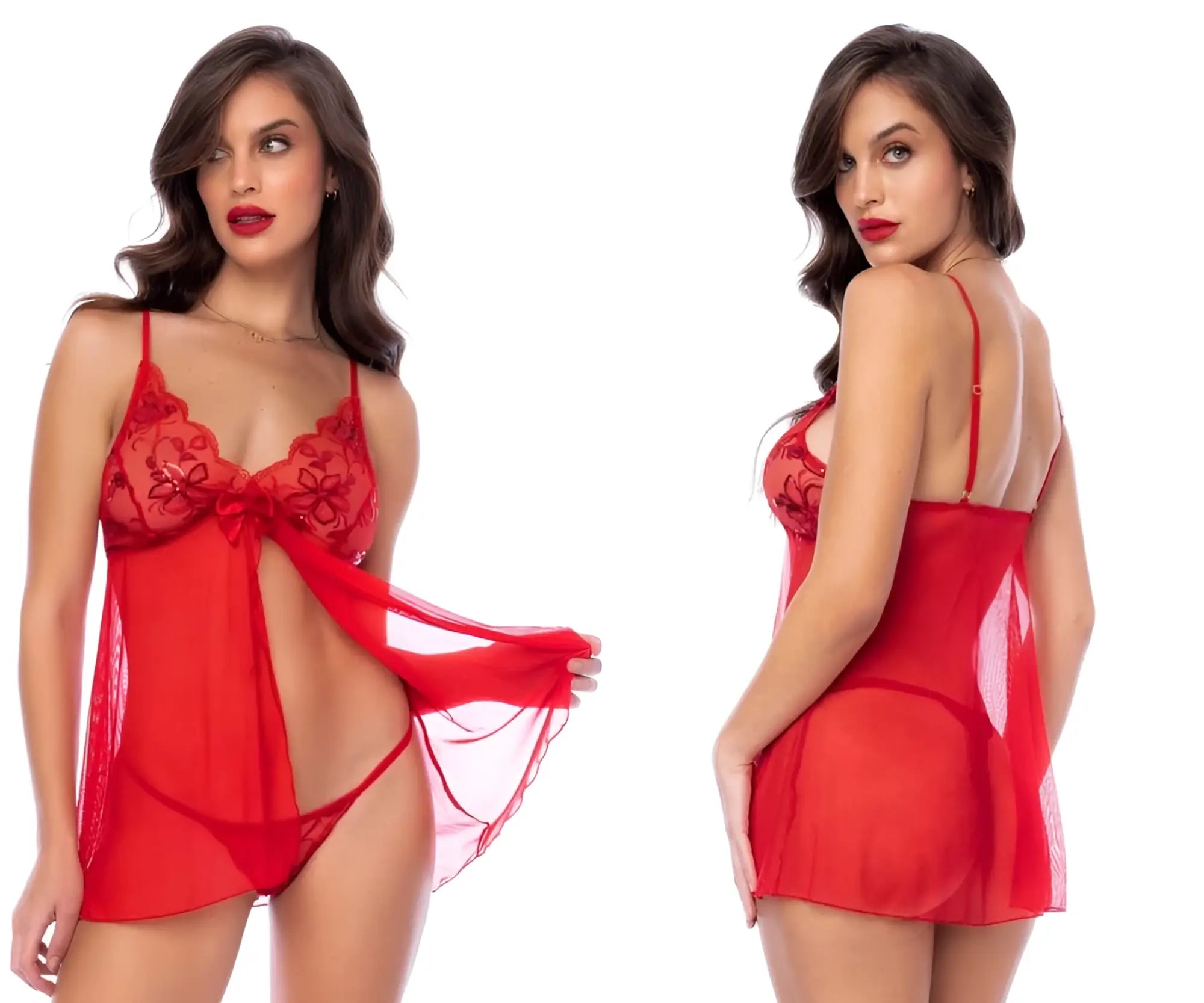 Red lace Mapale 7559 babydoll lingerie set with sheer mesh overlay and central bow detail