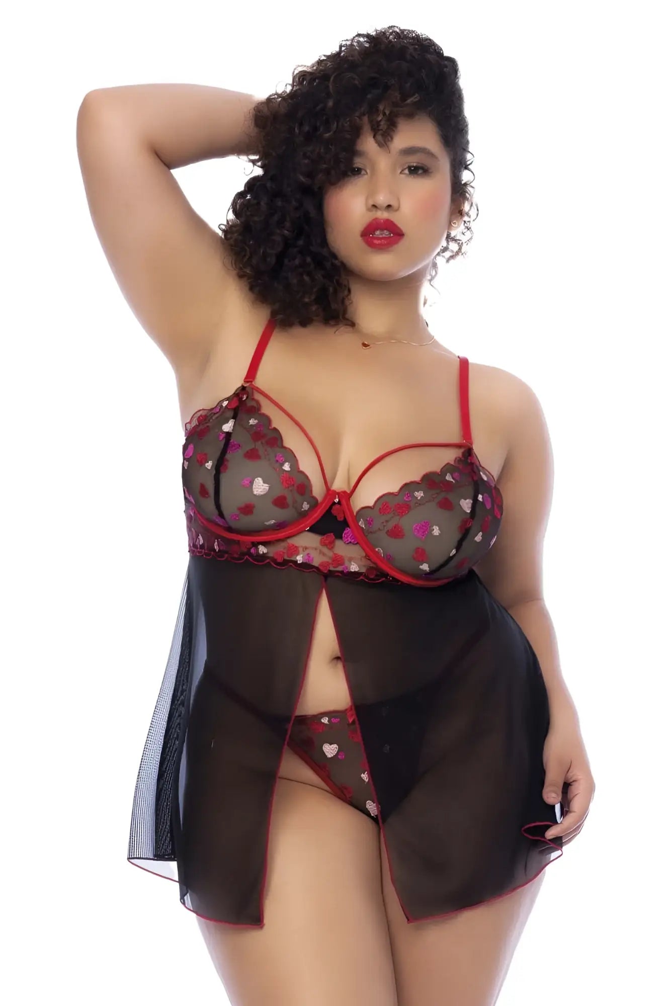 Mapale 7560X babydoll lingerie set in black and red sheer fabric with heart pattern and scalloped edges