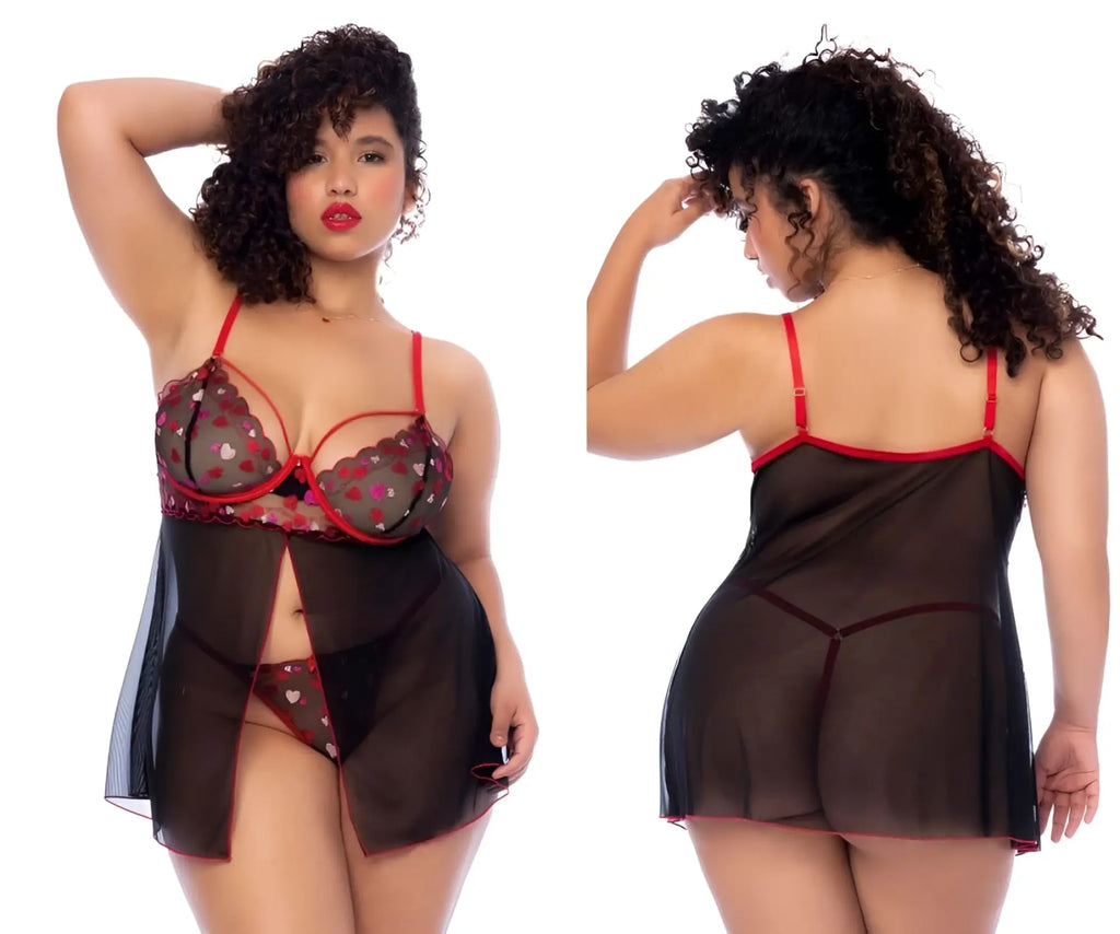 Mapale 7560X babydoll lingerie set in black and red lace with heart patterns for a romantic look