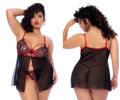 Mapale 7560X babydoll lingerie set in black and red lace with heart patterns for a romantic look